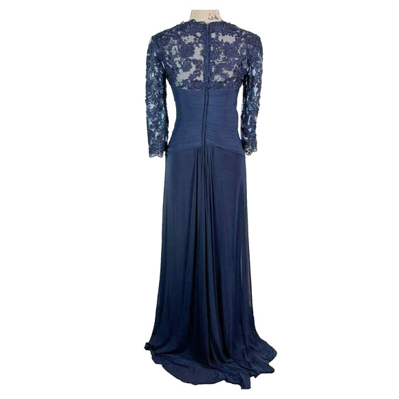 La Femme Sweetheart Neck Lace Sleeve Knot Detail Gown Dress Sz 18 Navy 23244 NEW - Picture 3 of 8